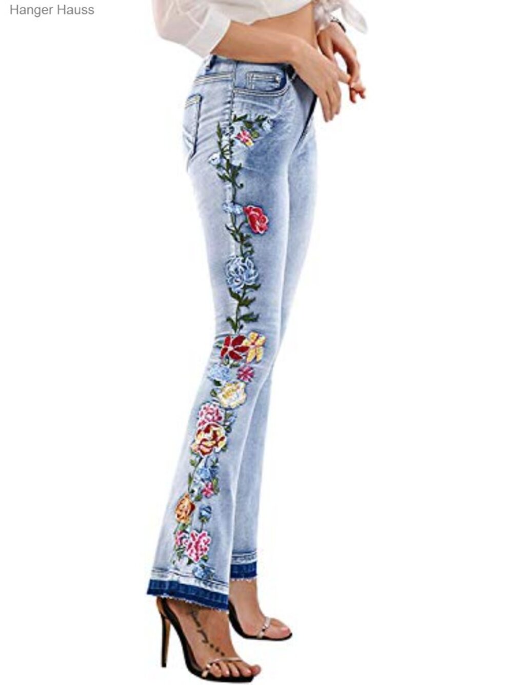 High-Rise Floral Embroidered Bell Bottom Flare Jeans Stretch Denim